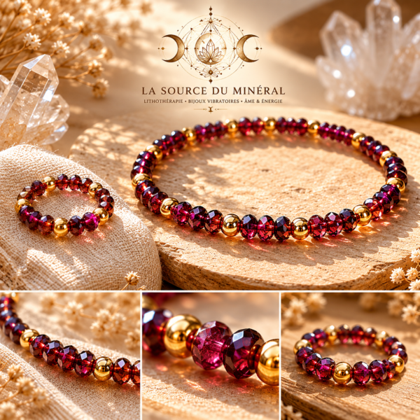 bracelet grenat plat et hematite dore