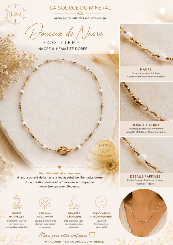descriptif collier nacre et hématite doré