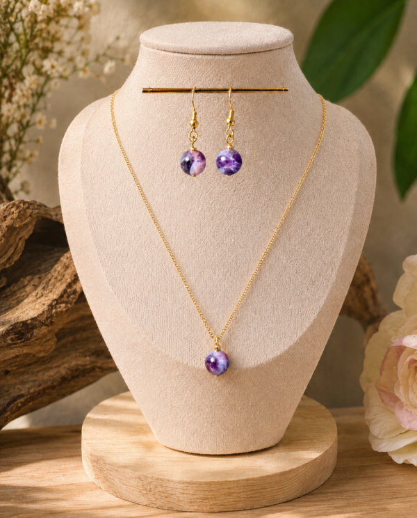 parure collier et boucles d'oreilles amethyste chevron