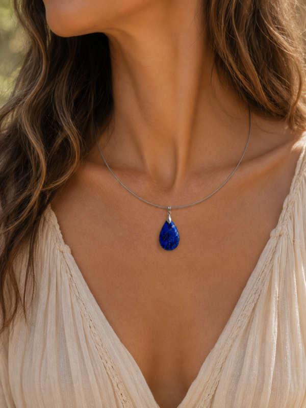 collier acier porté lapis lazuli