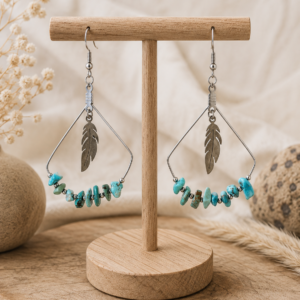 Boucles d'oreilles plumes et turquoise africaine